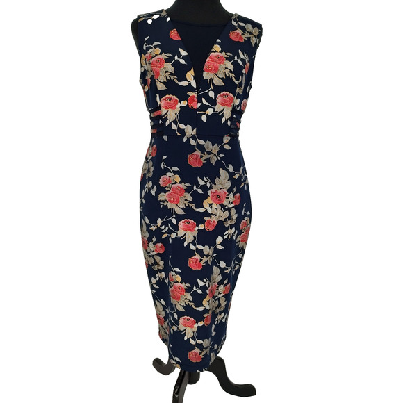 En Focus Studio Woman Blue Floral Sheath Dress Sz 8 Netting Detail Neck & Sides - Picture 1 of 8